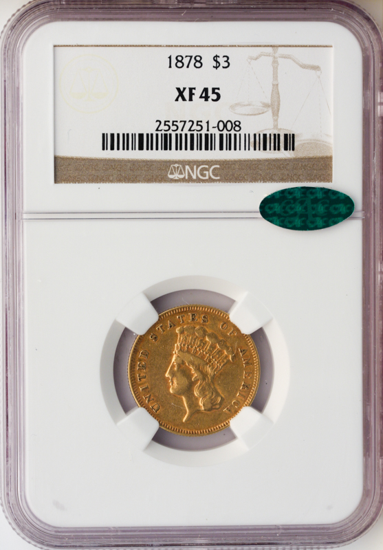 1878 $3 Indian Princess NGC XF45 CAC 1878 $3 Indian Princess NGC XF45 CAC
