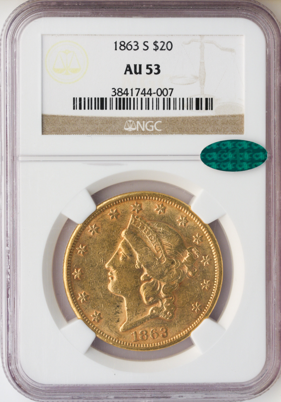 1863-S $20 Liberty NGC AU53 CAC 1863-S $20 Liberty NGC AU53 CAC