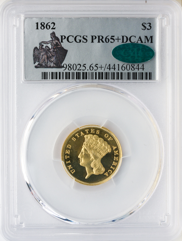 1862 $3 Indian Princess Deep Cameo PCGS PR65 CAC + 1862 $3 Indian Princess Deep Cameo PCGS PR65 CAC +