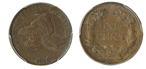 1856 Flying Eagle Half Cent obverse and reverse side by side