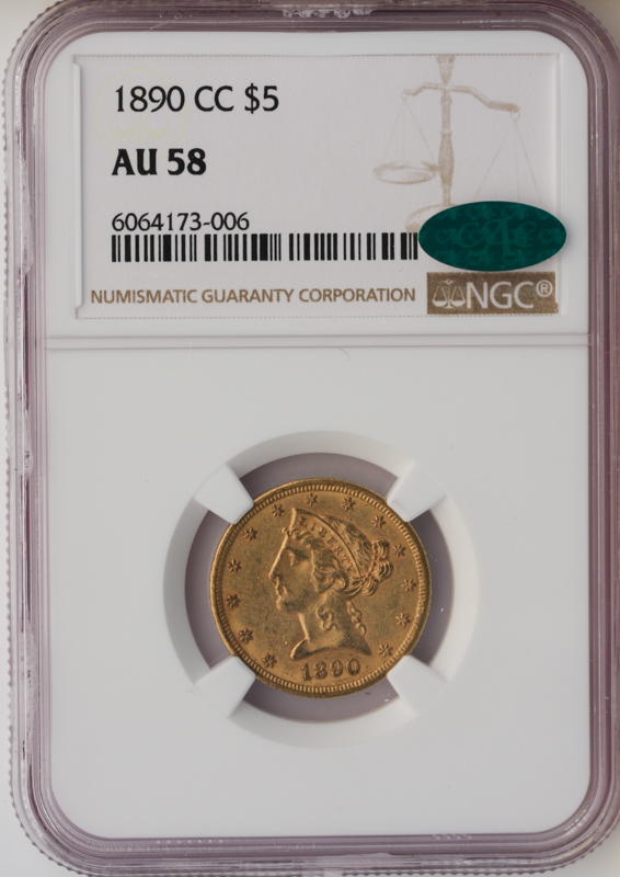 1890-CC $5 Liberty NGC AU58 CAC 1890-CC $5 Liberty NGC AU58 CAC