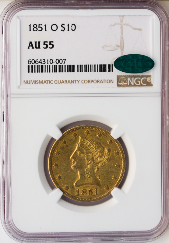 1851-O $10 Liberty NGC AU55 CAC