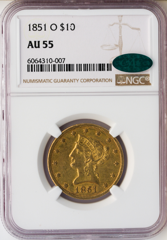 1851-O $10 Liberty NGC AU55 CAC 1851-O $10 Liberty NGC AU55 CAC