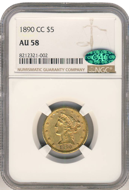 1890-CC $5 Liberty NGC AU58 CAC 1890-CC $5 Liberty NGC AU58 CAC
