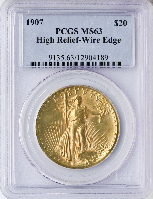 1907 $20 Saint Gaudens High-Relief Wire Edge PCGS MS63