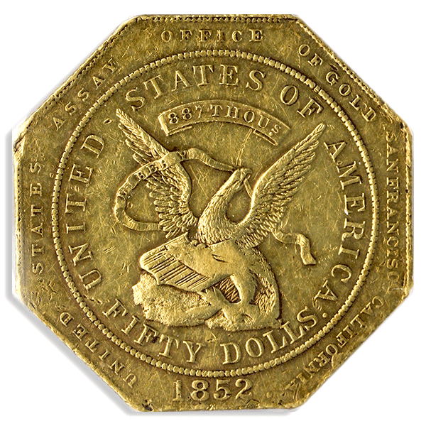 1852 $50 ASSAY .887 PCGS AU55