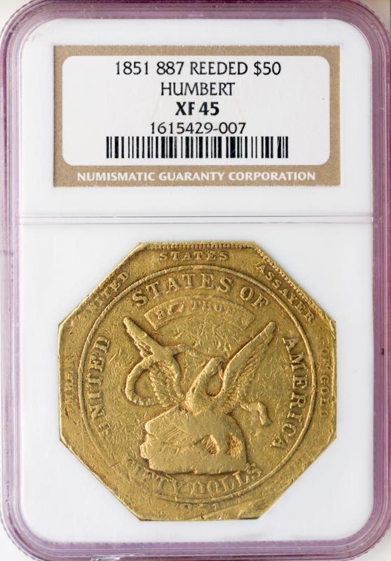 1851 $50 Humbert .887 REEDED EDGE NGC XF45