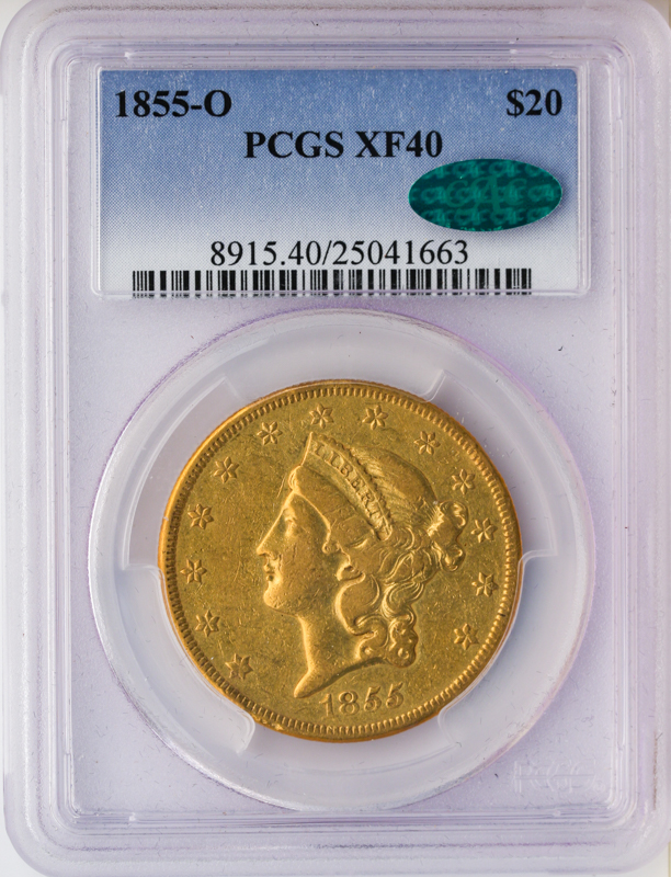 1855-O $20 Liberty PCGS XF40 CAC 1855-O $20 Liberty PCGS XF40 CAC