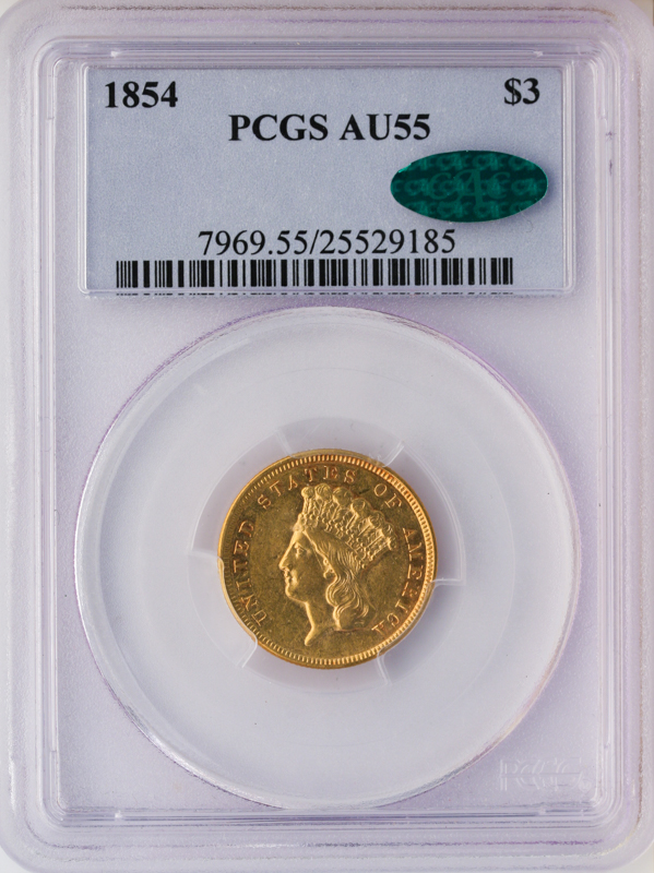 1854 $3 Gold PCGS AU55 CAC 1854 $3 Gold PCGS AU55 CAC