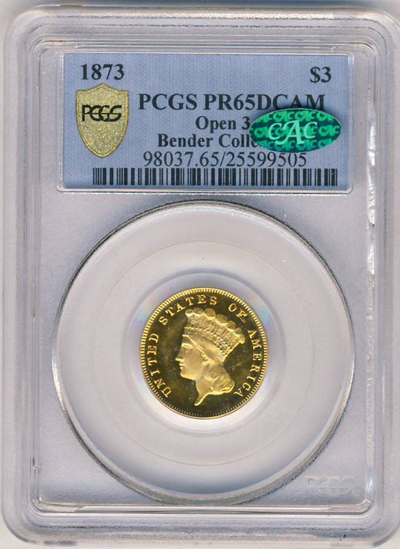 1873 $3 Indian Princess Open 3 PCGS PR65 Deep Cameo CAC 1873 $3 Indian Princess Open 3 PCGS PR65 Deep Cameo CAC