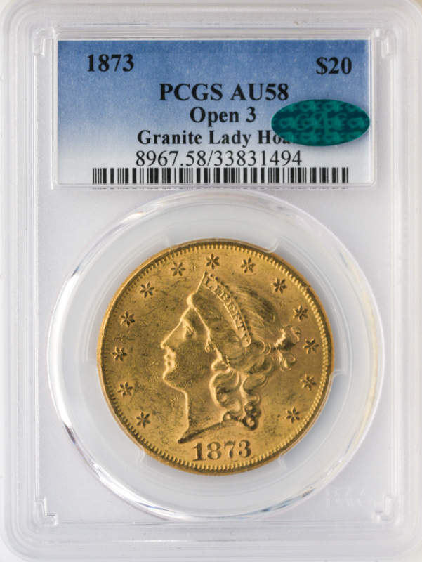 1873 $20 Liberty Open 3 Granite Lady PCGS AU58 CAC 1873 $20 Liberty Open 3 Granite Lady PCGS AU58 CAC