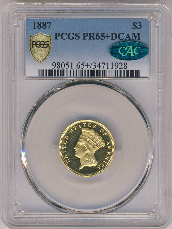 1887 $3 Indian Princess Deep Cameo PCGS PR65 CAC +