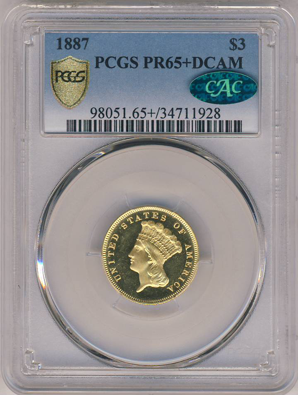 1887 $3 Indian Princess Deep Cameo PCGS PR65 CAC + 1887 $3 Indian Princess Deep Cameo PCGS PR65 CAC +