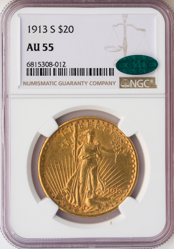 1913-S $20 Saint Gaudens NGC AU55 CAC 1913-S $20 Saint Gaudens NGC AU55 CAC