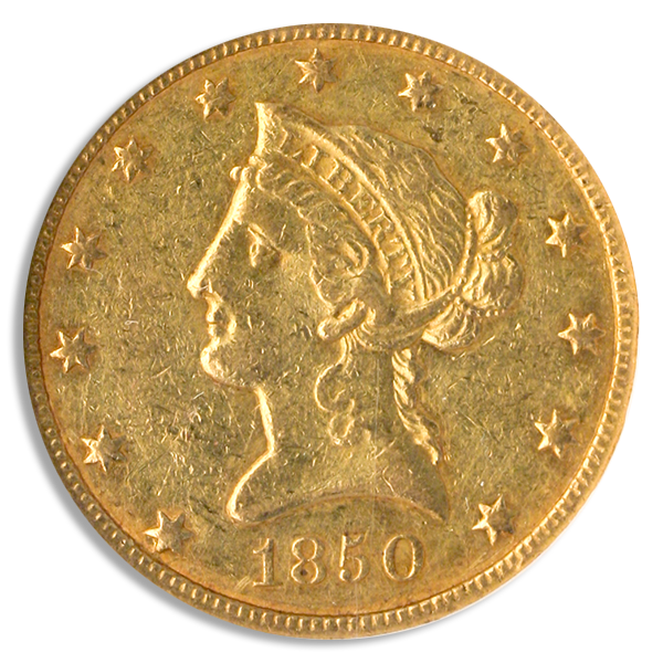 1850 $10 Liberty Small Date NGC AU50