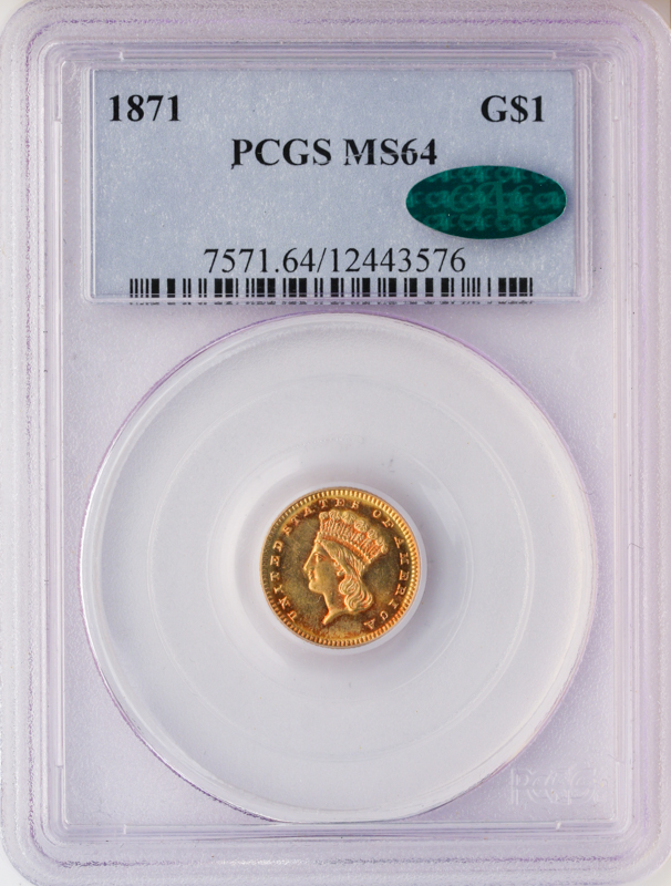 1871 Gold $1 Type 3 PCGS MS64 CAC 1871 Gold $1 Type 3 PCGS MS64 CAC