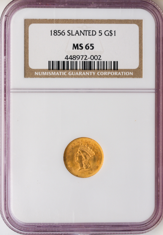 1856 $1 Gold Ty III Slanted 5 NGC MS65