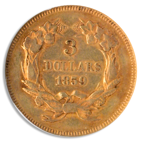 1859 $3 Indian Princess NGC AU55 CAC