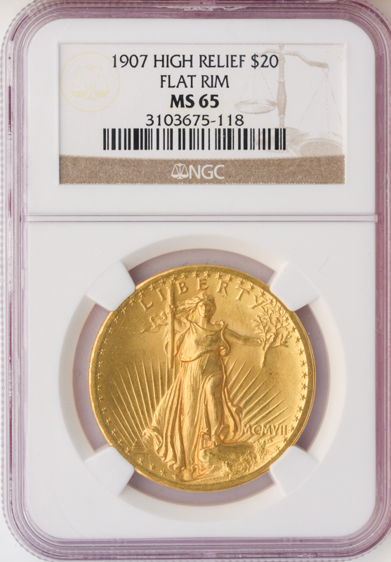 1907 $20 Saint Gaudens Flat Edge High Relief NGC MS65