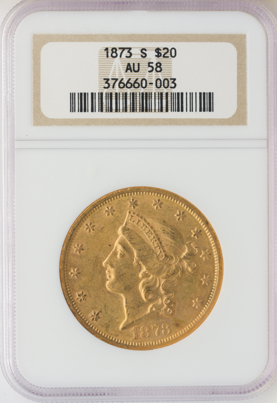 1873-S $20 Liberty Closed 3 NGC AU58 1873-S $20 Liberty Closed 3 NGC AU58