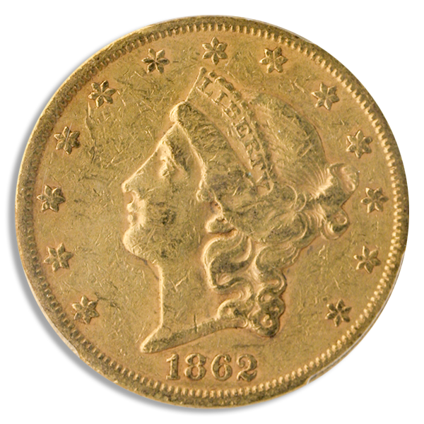 1862-S $20 Liberty PCGS AU53 CAC