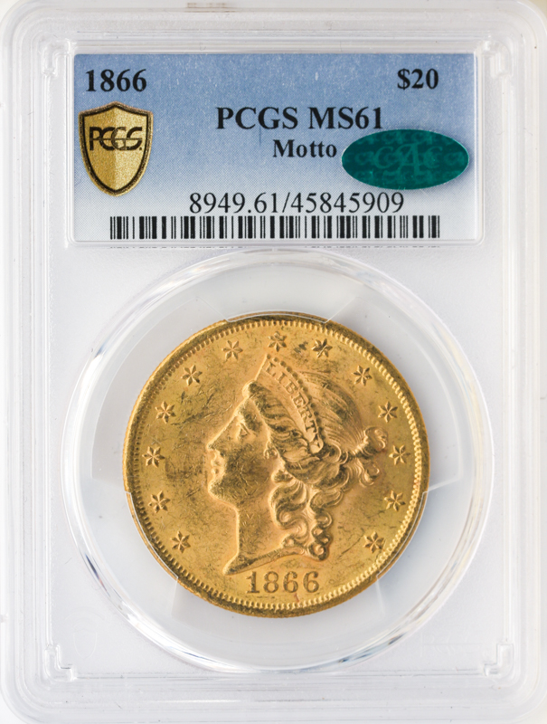 1866 $20 Liberty With Motto PCGS MS61 CAC