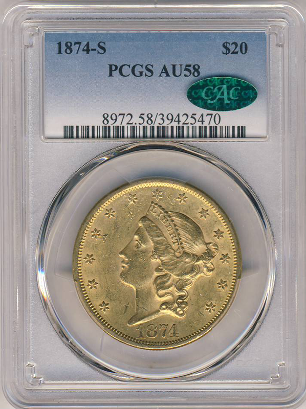 1874-S $20 Liberty PCGS AU58 CAC