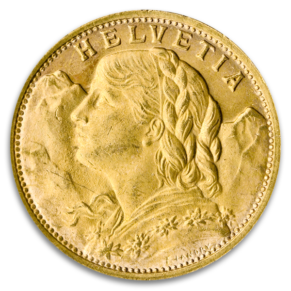 Swiss Gold 20 Franc Vrenelli Coin (Circ, Dates Vary)