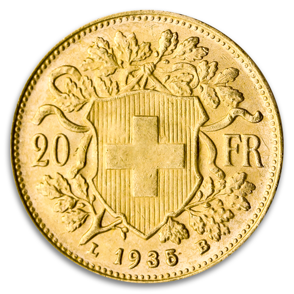 Swiss Gold 20 Franc Vrenelli Coin (Circ, Dates Vary)