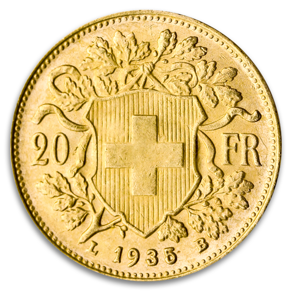 Swiss Gold 20 Franc Vrenelli Coin (Circ, Dates Vary)