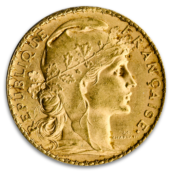 French Gold 20 Franc Rooster Coin (Circ, Dates Vary)