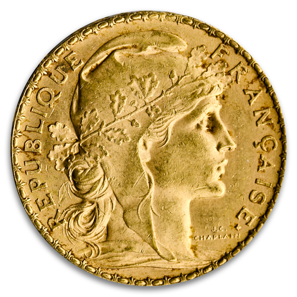 French Gold 20 Franc Rooster Coin (Circ, Dates Vary)