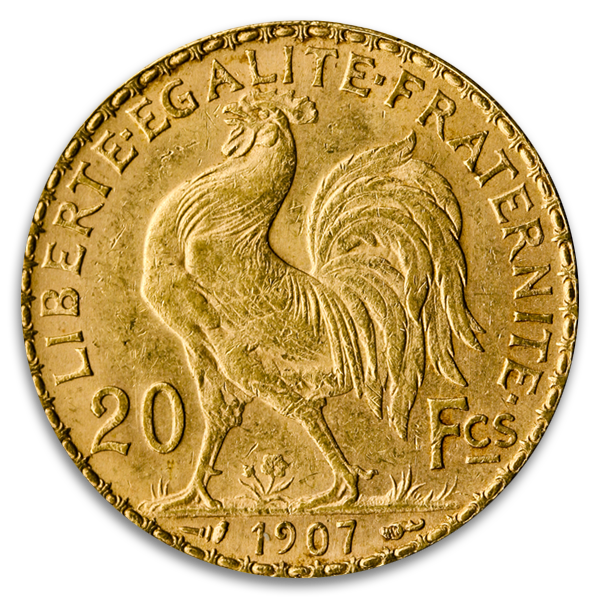 French Gold 20 Franc Rooster Coin (Circ, Dates Vary)