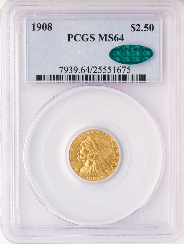 1908 $2 1/2 Indian PCGS MS64 CAC 1908 $2 1/2 Indian PCGS MS64 CAC