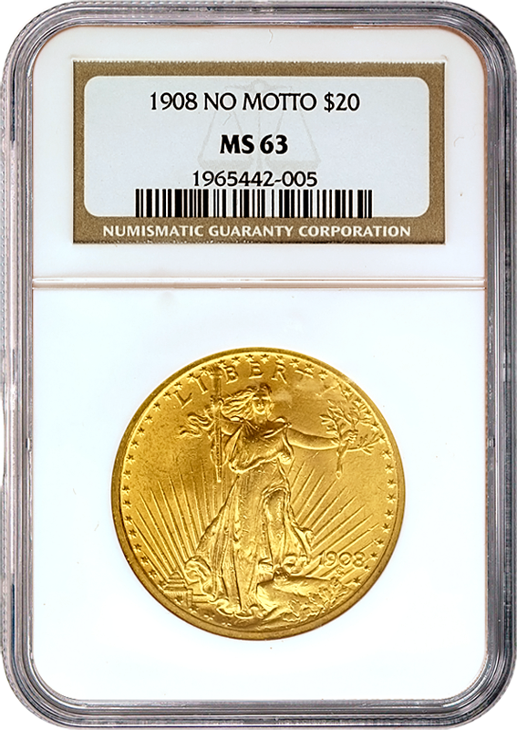 $20 Saint Gaudens No Motto Certified MS63 (Dates/Types Vary)