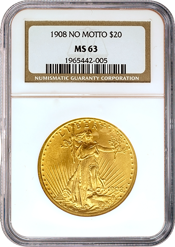 $20 Saint Gaudens No Motto Certified MS63 (Dates/Types Vary)