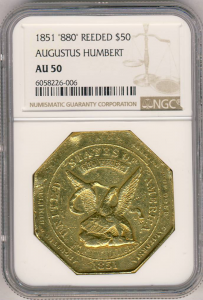1851 $50 Humbert .880 Reeded Edge NGC AU50
