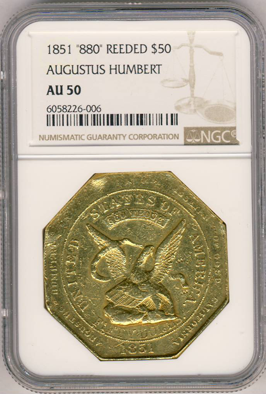 1851 $50 Humbert .880 Reeded Edge NGC AU50