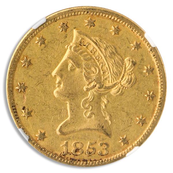 1853-O $10 Liberty NGC AU55 CAC