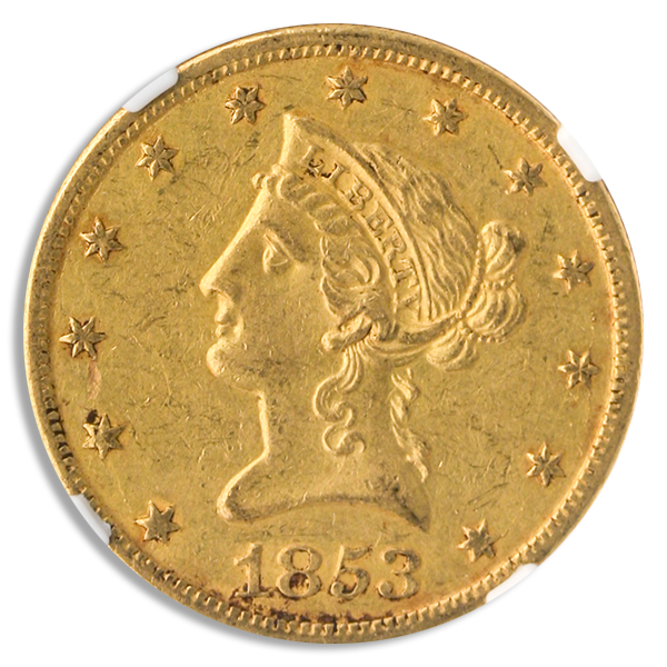 1853-O $10 Liberty NGC AU55 CAC 1853-O $10 Liberty NGC AU55 CAC