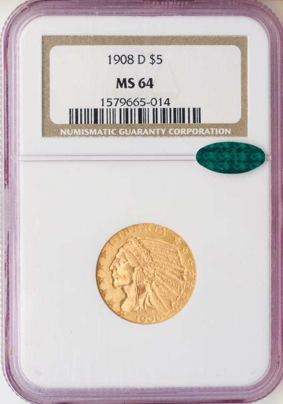 1908-D $5 Indian NGC MS64 CAC