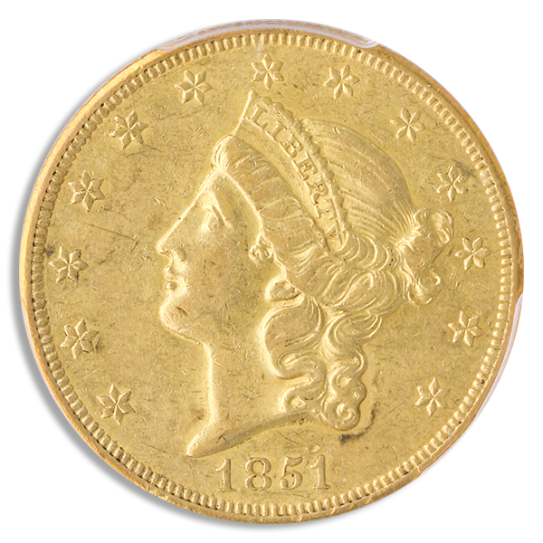 1851-O $20 Liberty Gold Coin PCGS About Uncirculated 55(AU55) CAC 1851-O $20 Liberty Gold Coin PCGS About Uncirculated 55(AU55) CAC