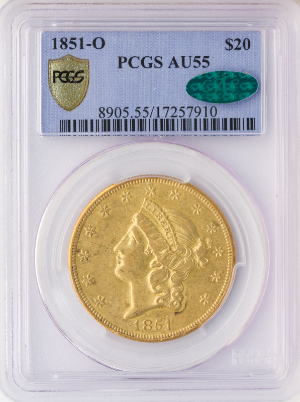 1851-O $20 Liberty Gold Coin PCGS About Uncirculated 55(AU55) CAC 1851-O $20 Liberty Gold Coin PCGS About Uncirculated 55(AU55) CAC