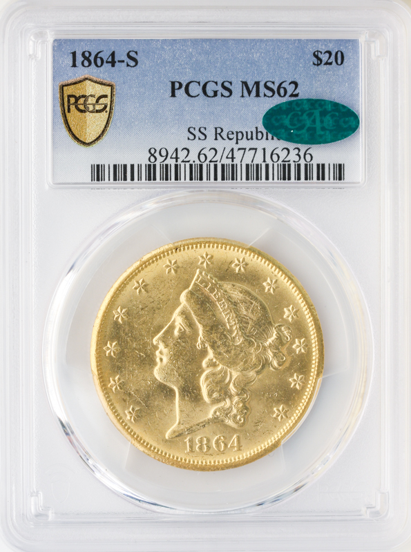 1864-S $20 Liberty S.S. Republic PCGS MS62 CAC 1864-S $20 Liberty S.S. Republic PCGS MS62 CAC
