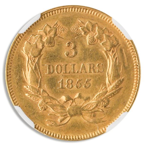 1855 $3 Indian NGC AU58 CAC