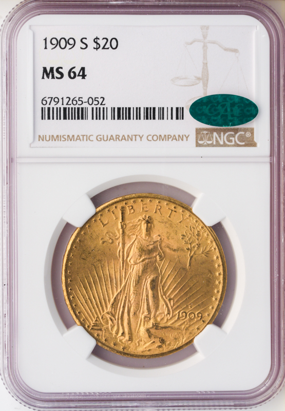 1909-S $20Saint Gaudens NGC MS64 CAC 1909-S $20Saint Gaudens NGC MS64 CAC