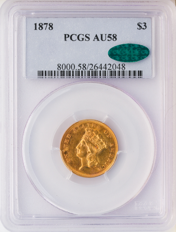 1878 $3 Indian Princess PCGS AU58 CAC