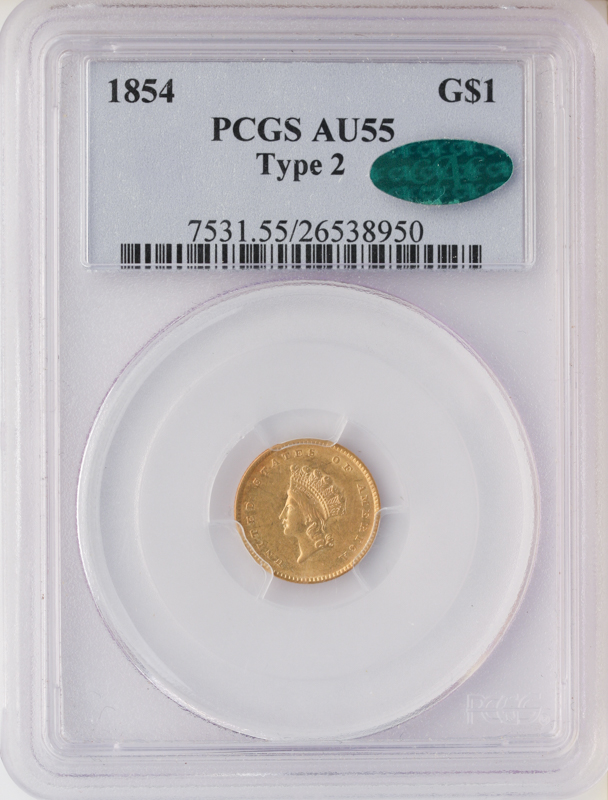1854 Gold $1 Type 2 PCGS AU55 CAC