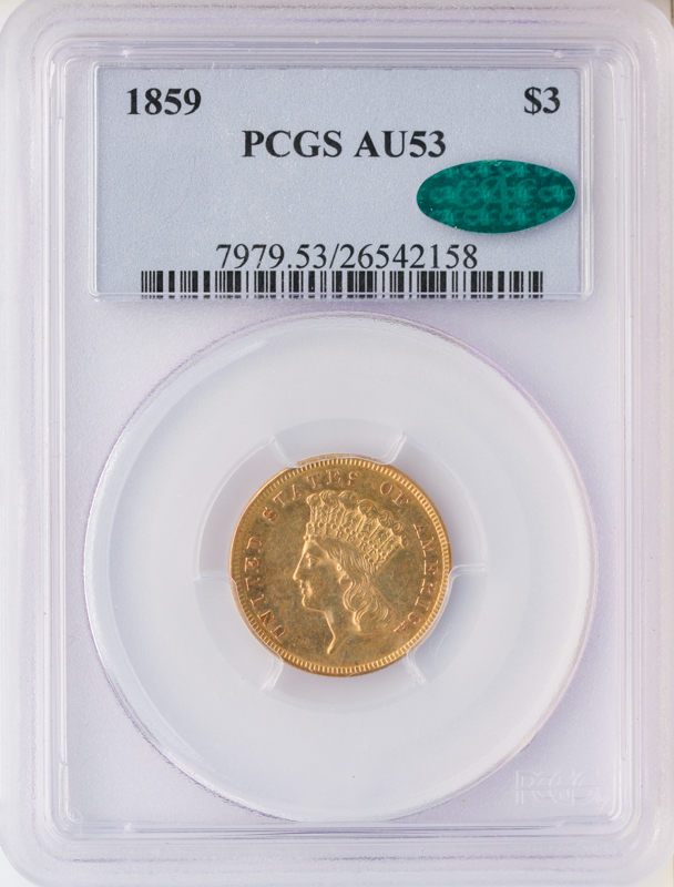 1859 $3 PCGS AU53 CAC