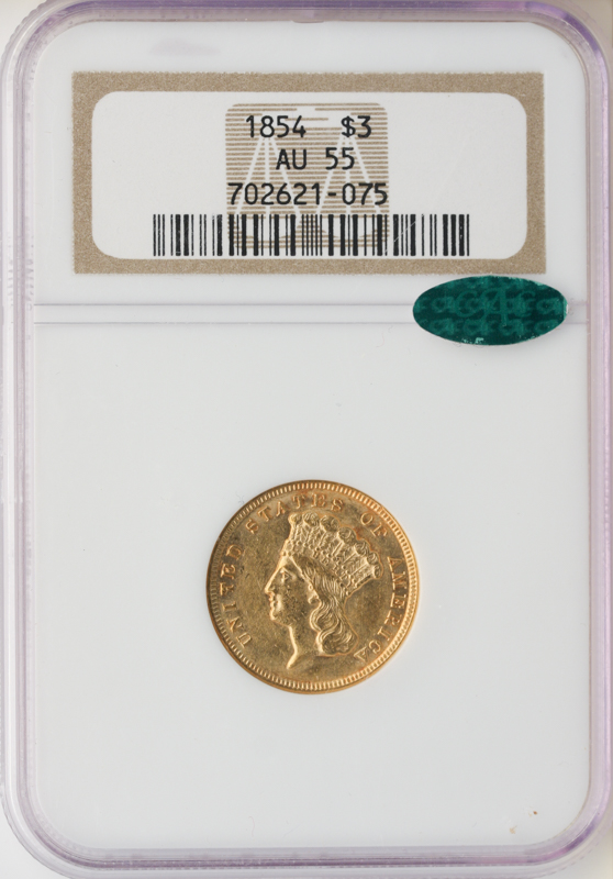 1854 $3 NGC AU55 CAC